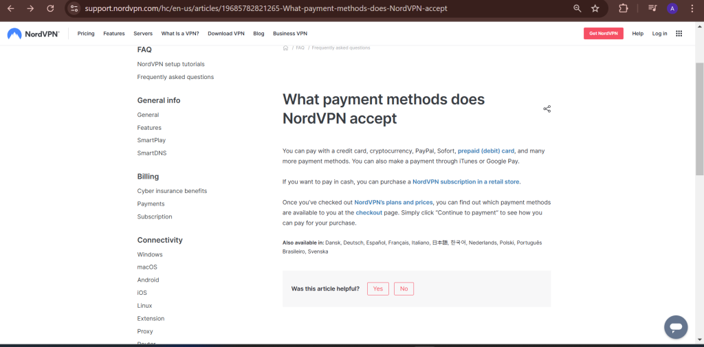 payment methods NordVPN 